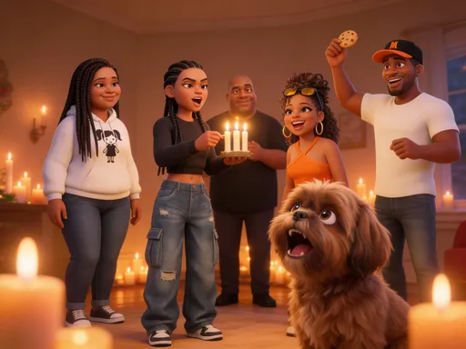 Prompt: @in3YNooo3cpZzWUHCAot @image_5-lLZ0oA_1769904222882_raw @image_ItDofmx6_1769829913643_raw @image_GgQfvZDu_1769830951213_raw @image_mIwwSutV_1769828535665_raw Mike lit a few candles. Warm light filled the room. Gloria smiled softly. “Actually… this is nice.”Uncle Man started humming a carol. Brianna joined in, off-key. Jynira laughed. “Okay, I love this.”The lights flickered back on . Mike raised a cookie. “Best Christmas yet.” gizzie barks