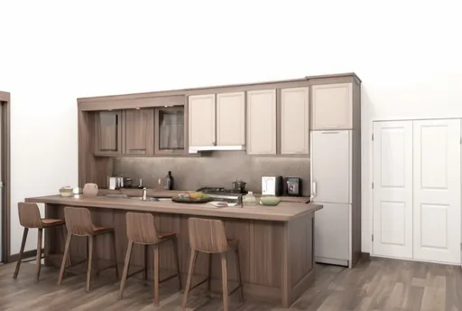 Prompt: Make this kitchen simulation more realistic,  keep the design and structure as is, so does the window location and size
The color of the kitchen is mocha, the color of the table is of walnut wood color 