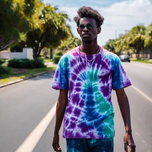 Prompt: Male  with tie dye shirt   walking on the side of the road