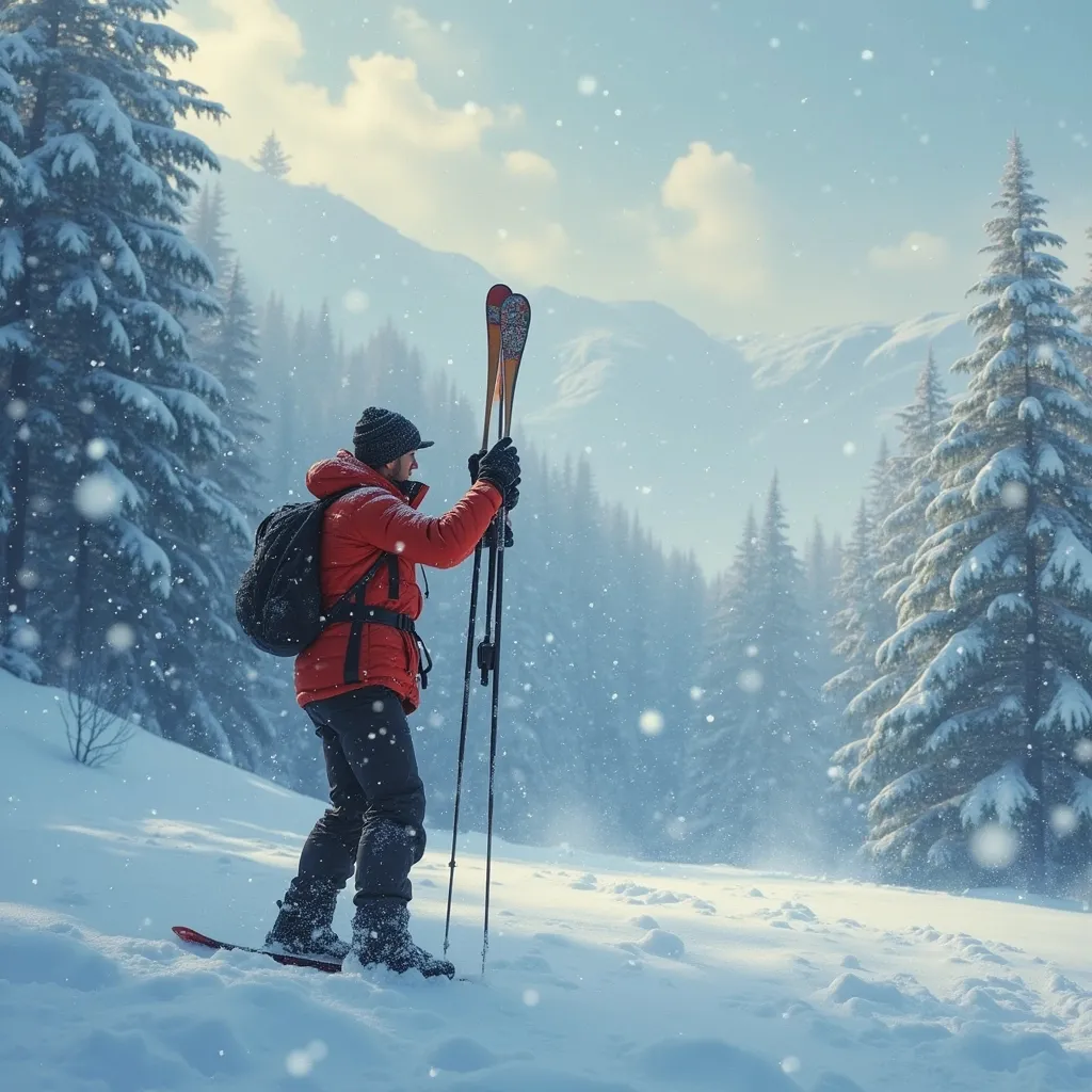 Prompt: i need a high qualitiful  image .  the idea is :  a man whos enjoying snow fall  with skeeying . the ara is covered by snow and the sky color
 similar  to the  area