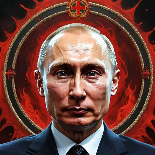 Prompt: putin on an icon with a halo of blood, scary icon in hellish style, scary color art in 4 k write russian orthdox script on both sides of Putin's head 