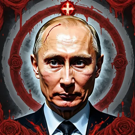 Prompt: putin on an icon with a halo of blood, scary icon in hellish style, scary color art in 4 k write russian orthdox script on both sides of Putin's head 