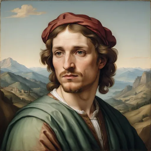 Prompt: A painted portrait of a man in the style of Italian Renaissance painter Raphael with mountains in the background, muted colors and light shadows