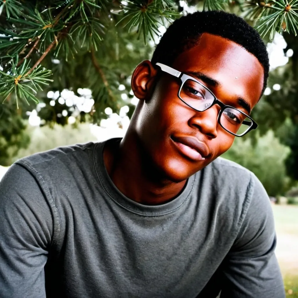 Prompt: create a real picture of a black teen man and black teen woman under the tree.The weather is cloudy and the man is blind.