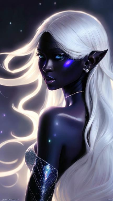 Prompt: A female drow with obsidian skin, dancing in the moonlight, big dreamy eyes, extremely detailed beautiful long flowing white hair, long elf pointy Ears, symmetrical, anime eyes wide, detailed face, by makoto shinkai, stanley artgerm lau, wlop, rossdraws, concept art, digital painting