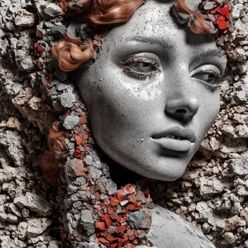 Prompt: A woman with red hair made of crackled  stone sculpture and black clay at the bottom against a gray backgtound