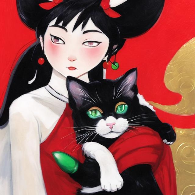 Prompt: An abstract of a woman in a red dress
holding her black with green eyes and white whiskers, Shi is holding the cat in her arms. 
.  