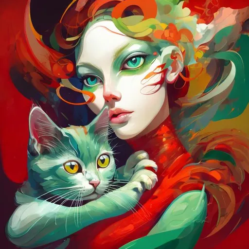 Prompt: Abstract illustration of a woman in a red dress, holding a cat with green eyes and white whiskers, best quality, vibrant colors, abstract, detailed features, ethereal lighting, red dress, detailed cat, modern art, colorful, artistic, highres, abstract art, striking green eyes, professional, surreal lighting