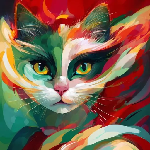 Prompt: Abstract illustration of a woman in a red dress, holding a cat with green eyes and white whiskers, best quality, vibrant colors, abstract, detailed features, ethereal lighting, red dress, detailed cat, modern art, colorful, artistic, highres, abstract art, striking green eyes, professional, surreal lighting