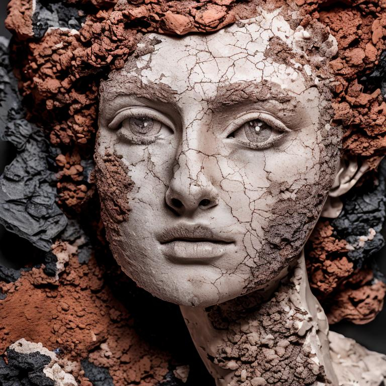 Prompt: A cracked stone sculpture of a beautiful woman with red hair and black clay at the bottom
Against a black backgtound