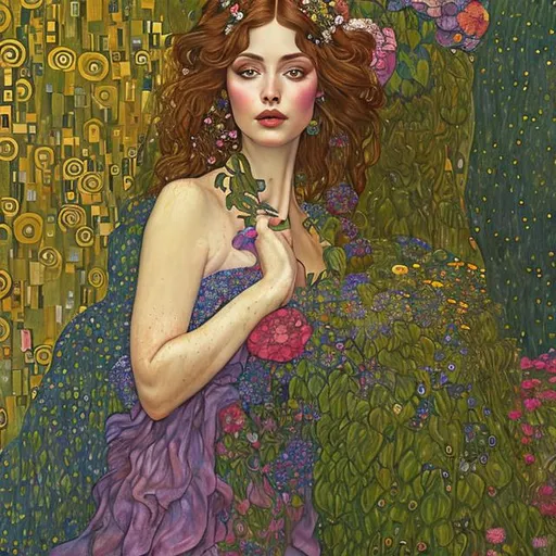 Prompt: Woman in a lush garden, inspired by Klimt, rich oil painting, vibrant colors, art nouveau style, detailed floral patterns, flowing gown, expressive facial features, warm lighting, high quality, art nouveau, oil painting, vibrant colors, detailed floral patterns, lush garden, expressive features, warm lighting, professional