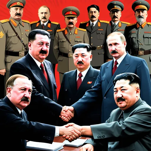 Prompt: i want you to create a photo of the great dictators of the passed meeting together shaking hands hitler, saddam, stalin, putin, kim jong un - depict it as a secret meeting - depict them all as female versions