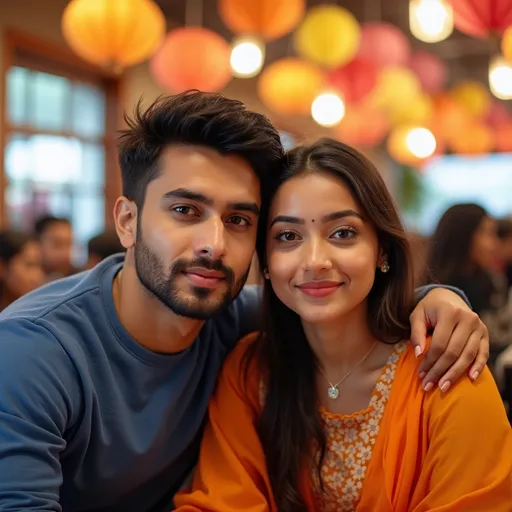 Prompt: A young couple poses closely together, with the woman wearing a striking orange and yellow dupatta that drapes elegantly around her shoulders, complemented by a soft smile and subtle makeup that highlights her features. The man, seated next to her, sports a casual blue sweatshirt and maintains a relaxed expression, his arm around her shoulder conveying a sense of intimacy and companionship. The backdrop reveals a vibrant indoor setting adorned with colorful paper decorations hanging from the ceiling, illuminated by bright overhead lights, creating a festive atmosphere. A sense of warmth and joy permeates the scene, suggesting a moment of celebration or leisure in a lively environment filled with other diners in the background.