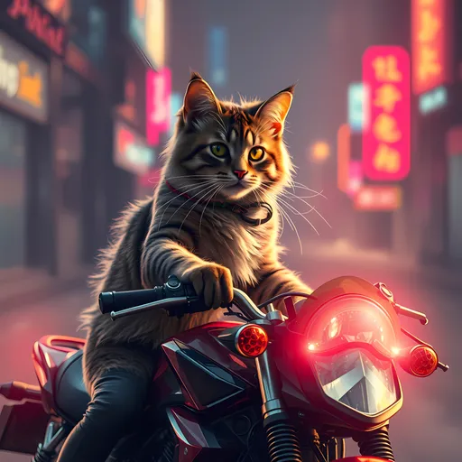 Prompt: a image of cat on a motor bike on cyberpunk
