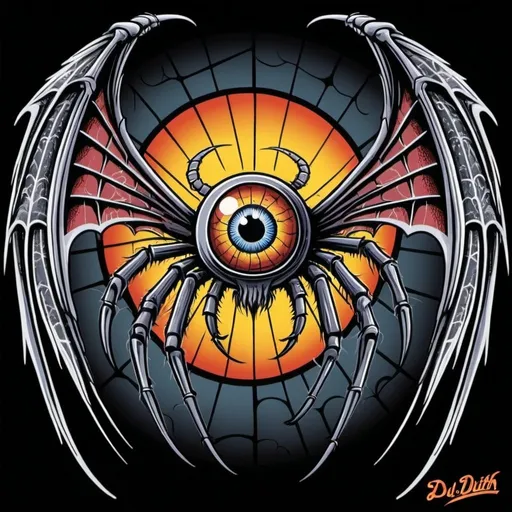 Prompt: flying eyeball spiderweb wings von dutch ed roth pinstripe