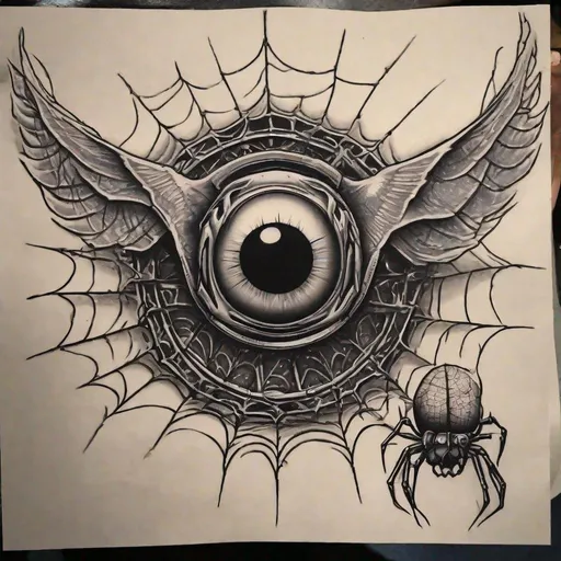 Prompt: flying eyeball spiderweb wings  von dutch ron hernandez tatto