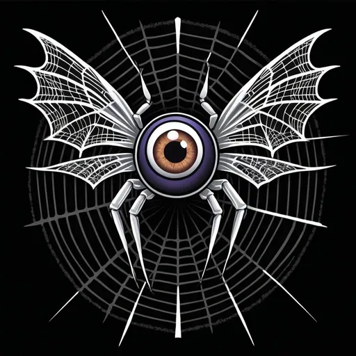 Prompt: flying eyeball  spiderweb wings pinstripe