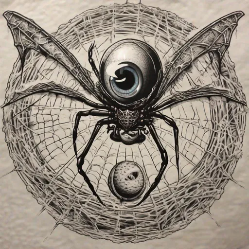 Prompt: flying eyeball spiderweb wings like von dutch ron hernandez ed roth tattoo