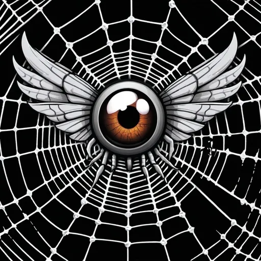 Prompt: flying eyeball spiderweb wings  pinstripe