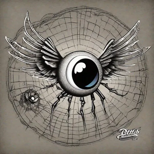 Prompt: flying eyeball spiderweb wings von dutch ed roth pinstripe