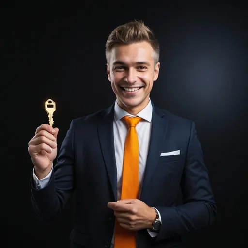 Prompt: Confident businessman smiling and talking in smartphone standing in black room holding golden key technology atmosphere and orange and navy blue colors