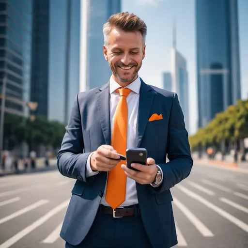 Prompt: Confident businessman smiling and looking at phone standing in street with skyscrapers behind him technology atmosphere in a sunny day atmosphere and orange and navy blue colors