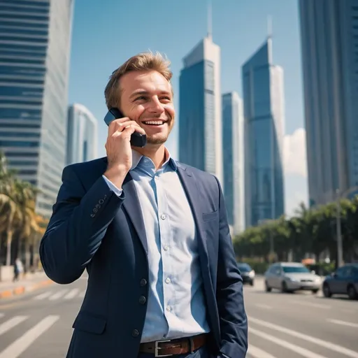 Prompt: Confident businessman smiling and talking in phone standing in street with skyscrapers behind him technology atmosphere in a sunny day atmosphere and orange and navy blue colors