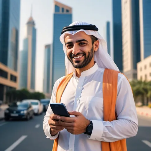 Prompt: Confident arabic businessman smiling and talking in smartphone standing in street with skyscrapers behind him technology atmosphere in a sunny day atmosphere and orange and navy blue colors