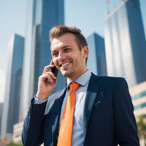 Prompt: Confident businessman smiling and talking in smartphone standing in street with skyscrapers behind him technology atmosphere in a sunny day atmosphere and orange and navy blue colors