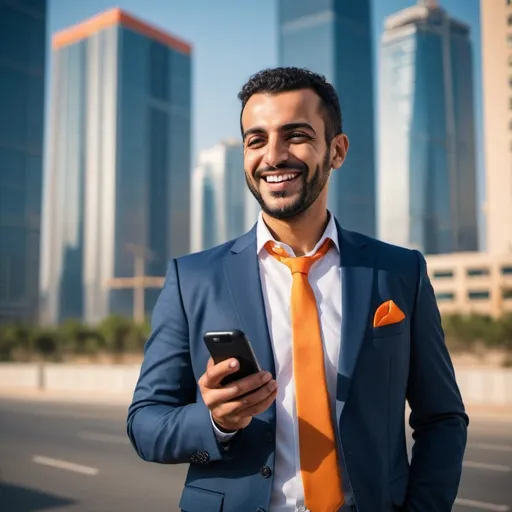 Prompt: Confident arabic businessman smiling and talking in smartphone standing in street with skyscrapers behind him technology atmosphere in a sunny day atmosphere and orange and navy blue colors