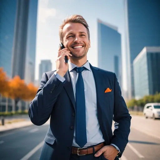 Prompt: Confident businessman smiling and talking in smartphone standing in street with skyscrapers behind him technology atmosphere in a sunny day atmosphere and orange and navy blue colors