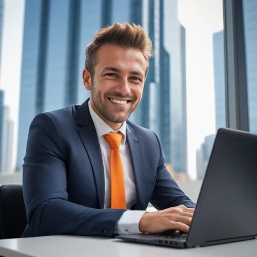 Prompt: Confident businessman smiling and using laptop while sitting on desk in office with skyscrapers behind the window behind him technology atmosphere in a sunny day atmosphere and orange and navy blue colors