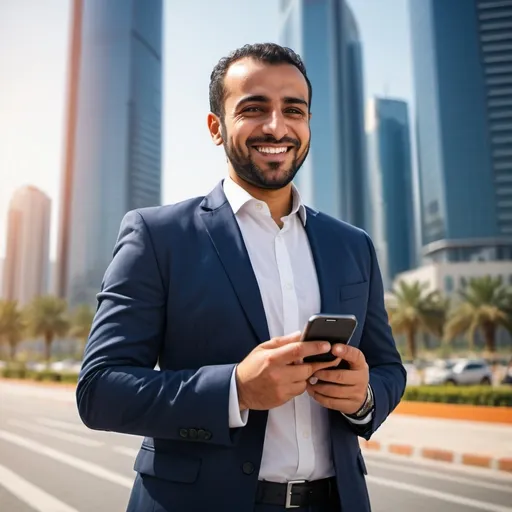 Prompt: Confident arabic businessman smiling and talking in smartphone standing in street with skyscrapers behind him technology atmosphere in a sunny day atmosphere and orange and navy blue colors