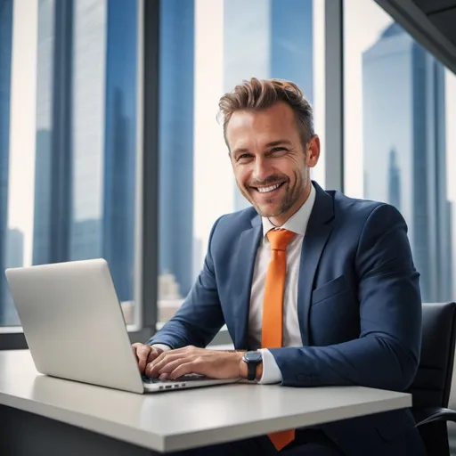 Prompt: Confident businessman smiling and using laptop while sitting on desk in office with skyscrapers behind the window behind him technology atmosphere in a sunny day atmosphere and orange and navy blue colors