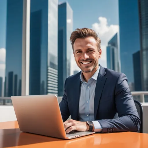 Prompt: Confident businessman smiling and using laptop while sitting on desk in office with skyscrapers behind the window behind him technology atmosphere in a sunny day atmosphere and orange and navy blue colors