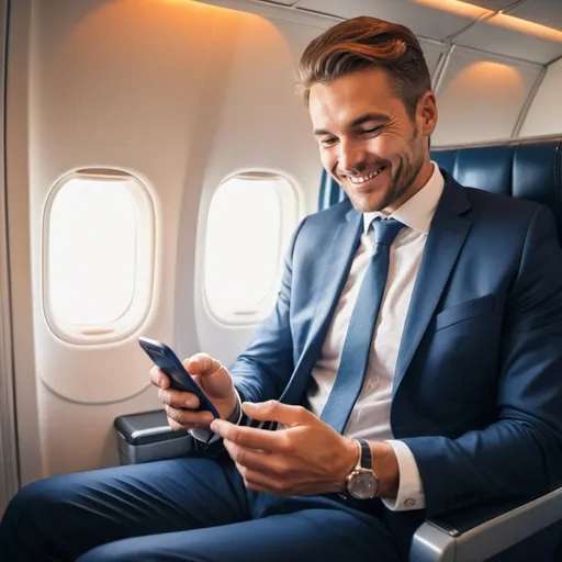 Prompt: Confident businessman smiling and looking at phone sitting next to plane window with technology 
atmosphere in a sunny day atmosphere and orange and navy blue colors