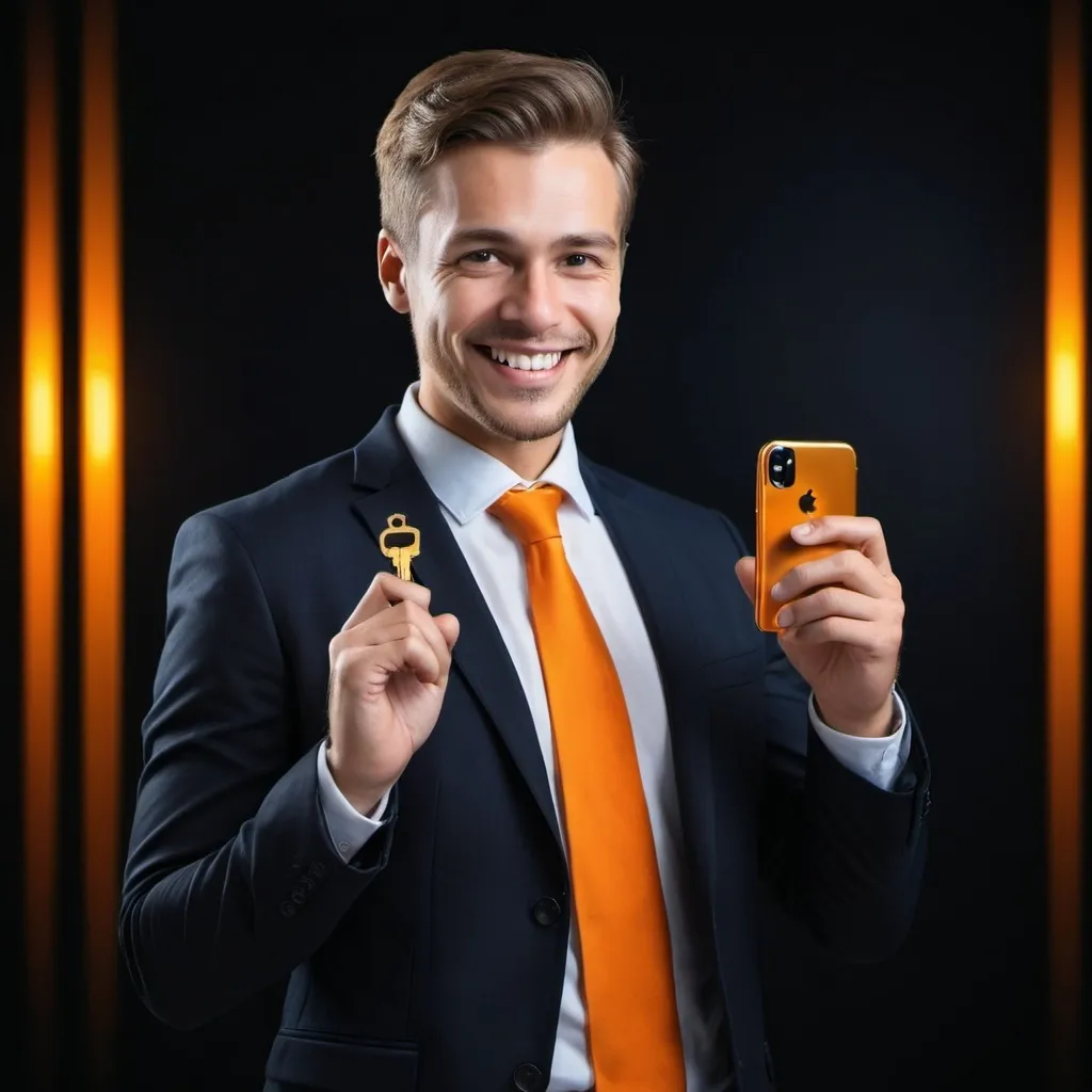 Prompt: Confident businessman smiling and talking in smartphone standing in black room holding golden key technology atmosphere and orange and navy blue colors