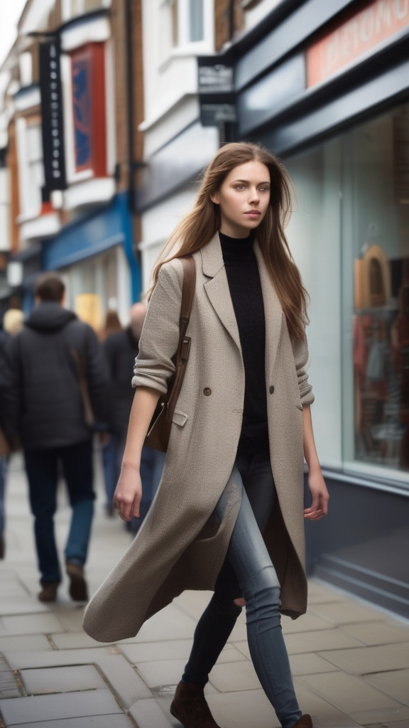 Prompt: Tall young woman walking down the high street, detailed clothing, realistic, natural lighting