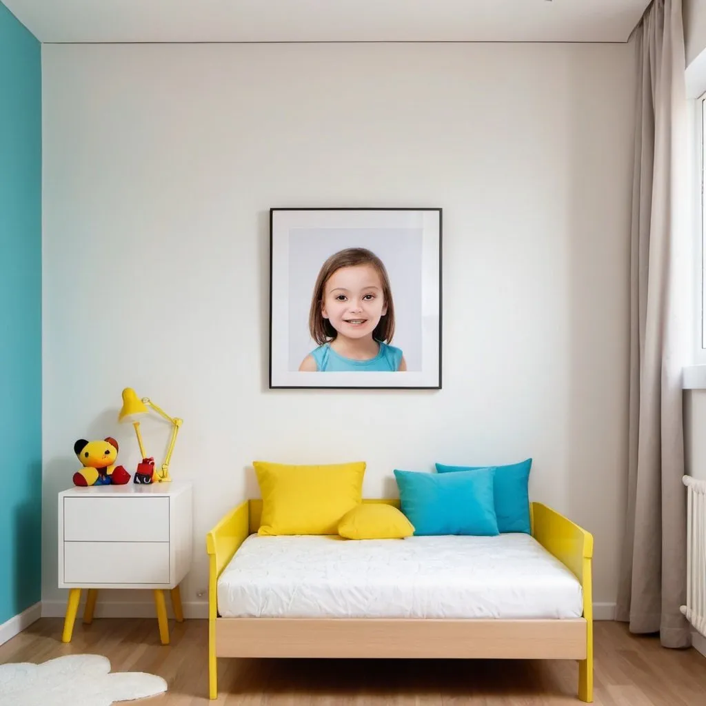 Prompt:  kid's shiny  room with a square picture on the wall
