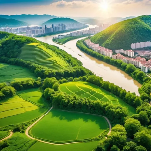 Prompt: sunny city on the hill real  nature around and birds and river and green forest