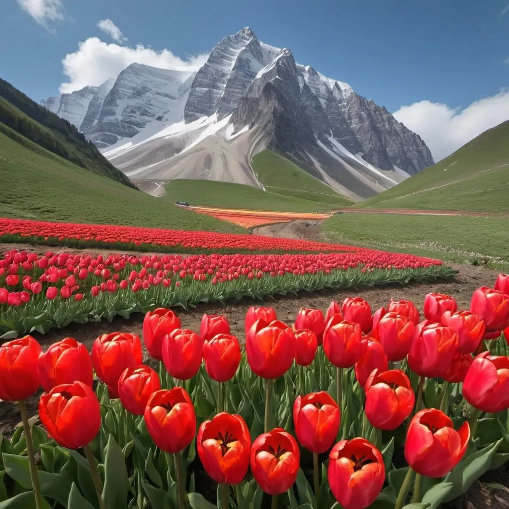 Prompt: mountain full of red tulips