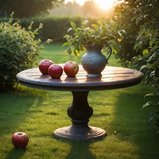 Prompt: early morning . sun just rise. in the garden on the round table vase with apples . Dew on the grass  Peace and fresh