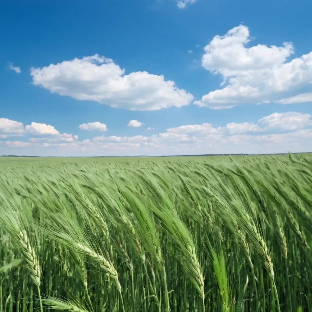 Prompt:  field of green rye under blue shiny sky