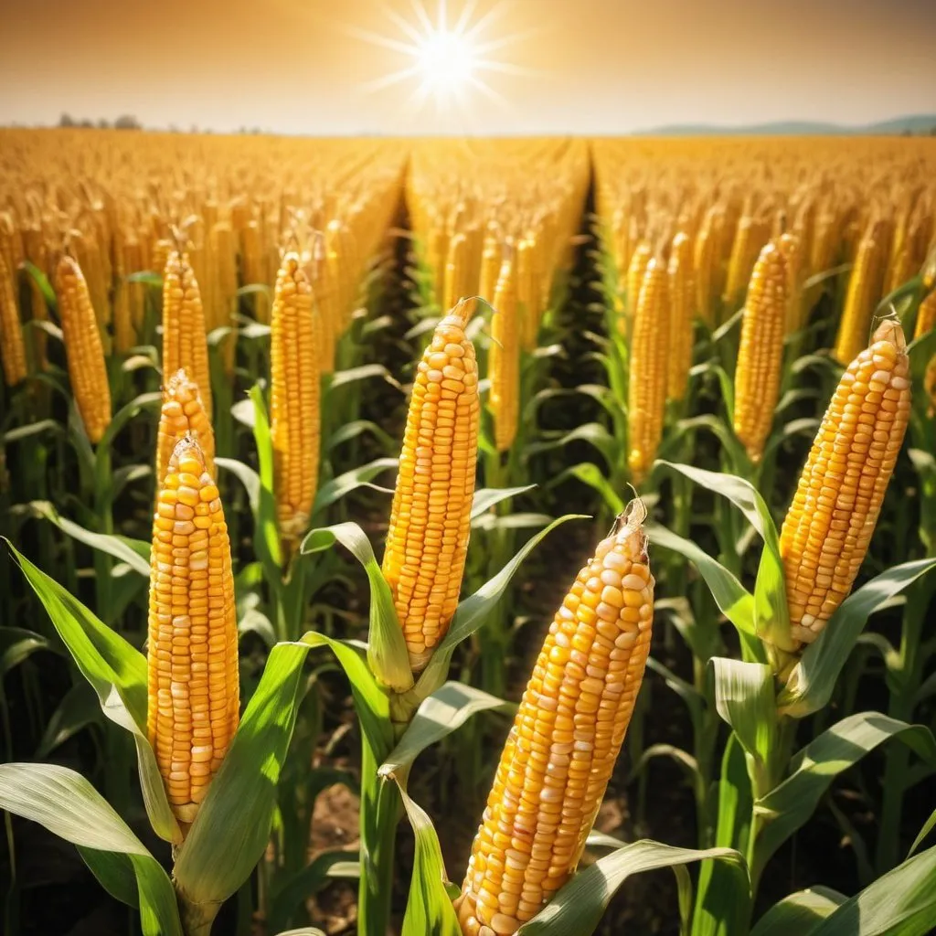 Prompt: a beautiful yellow corn field under bright sun shine
