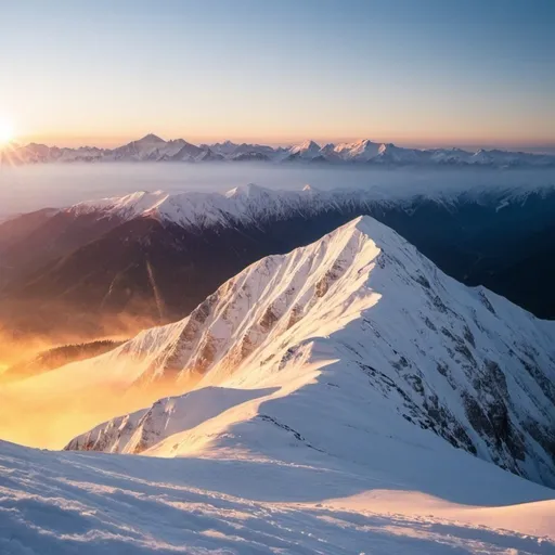 Prompt: mountains with white snow on them . Bright sun rise 