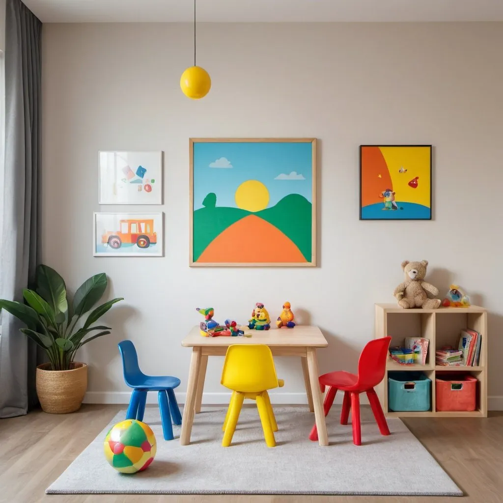 Prompt:  kid's play  room in the morning 
 with one 
 square picture on the wall
