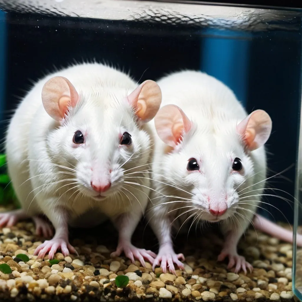 Prompt: 2 white rats in aquarium in laboratory 



