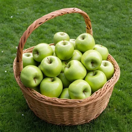 Prompt: a basket of green apples on the grass