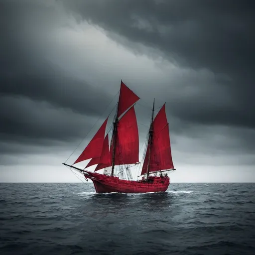 Prompt: lonely ship with scarlet sails lost in a ocean