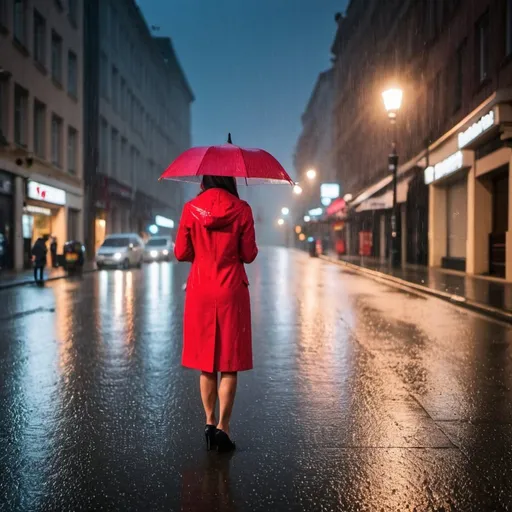 Prompt: rainy evening no people on the streets  only one lady in red coat under this rain